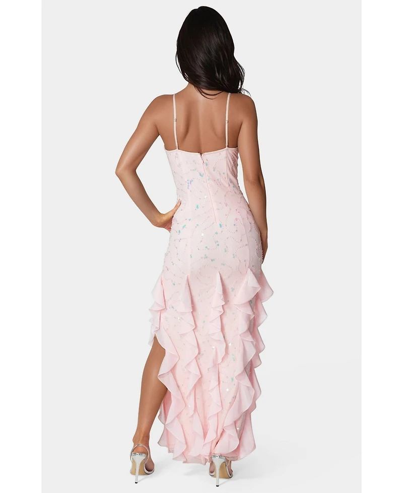 Bebe Women's Cascade Beaded Mesh Gown