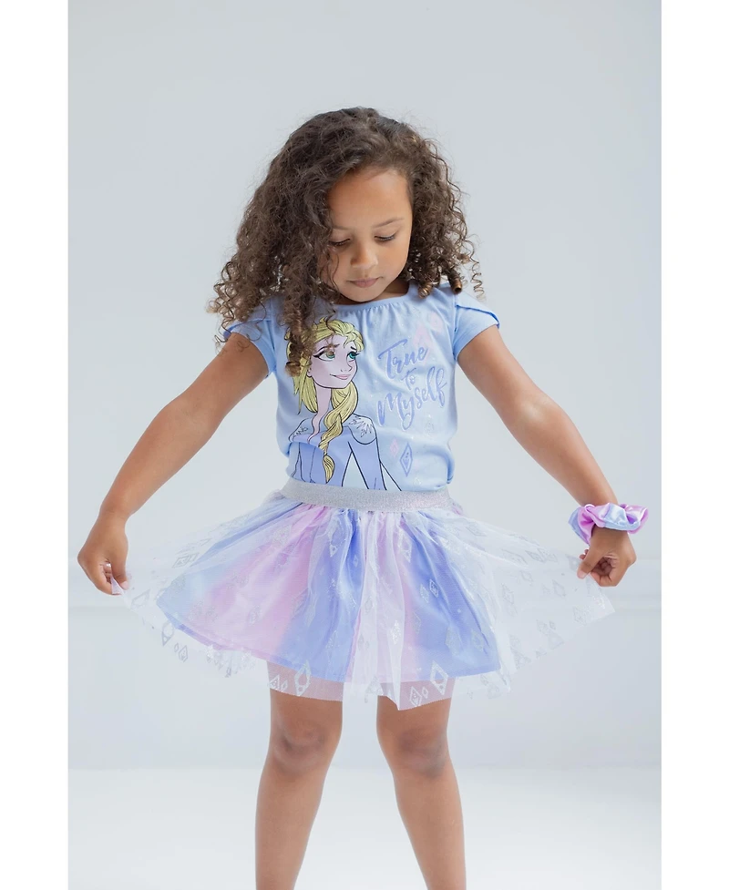 Frozen Little Girls Disney Princess Moana T-Shirt Tulle Skirt and Scrunchie 3 Piece Outfit Set