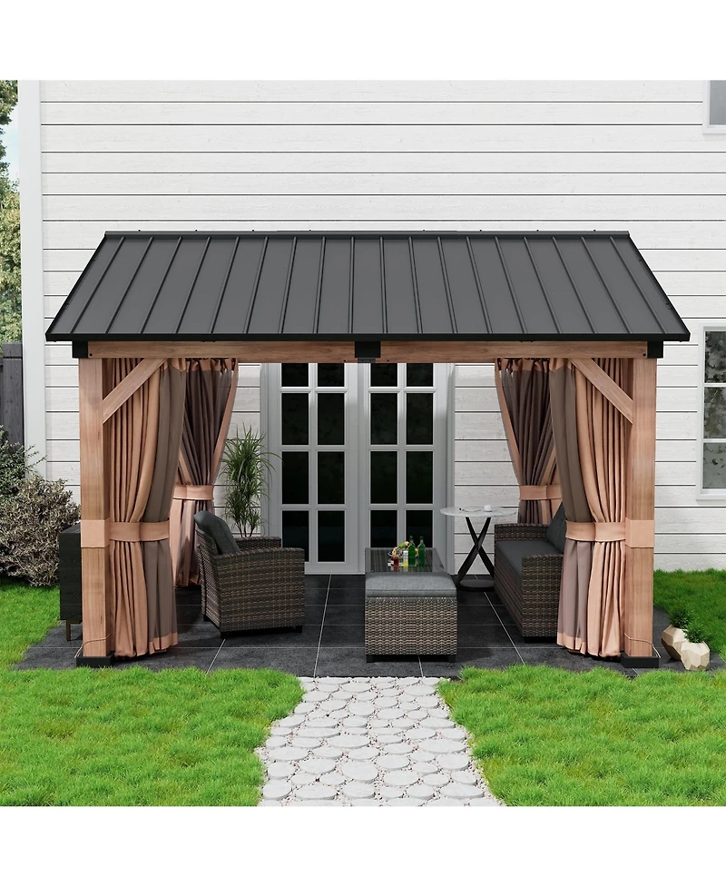 11' X 13' Hardtop Gazebo with Curtains and Nettings, Outdoor Patio Gazebos Backyard Gazebo, Wooden Finish Canopy Aluminum Frame Permanent Pavilion for