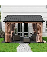 11' X 13' Hardtop Gazebo with Curtains and Nettings, Outdoor Patio Gazebos Backyard Gazebo, Wooden Finish Canopy Aluminum Frame Permanent Pavilion for