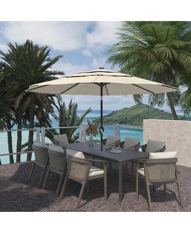 10 Ft Patio Umbrella with Solar Lights 3-Tier Outdoor Table Market Pool Umbrellas for Patio, Red