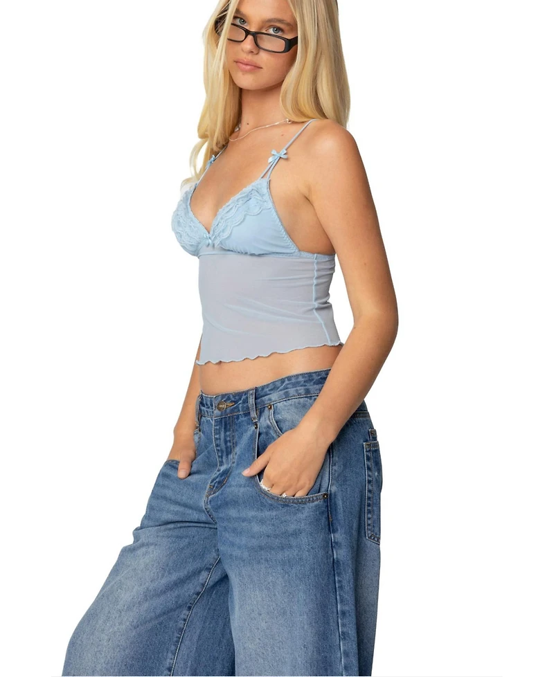 Edikted Womens Berkley Sheer Mesh Lacey Top