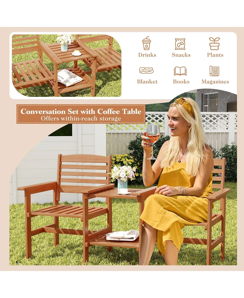 Outdoor Patio Wood 2-Seat Conversation Set with Coffee Table and Umbrella Hole