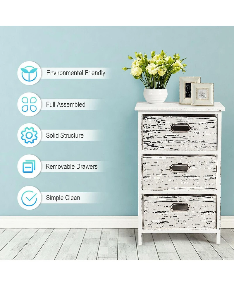 Gymax Set of 2 Chest w/3 Fabric Drawers Vintage Wood Frame End Side Table Nightstand