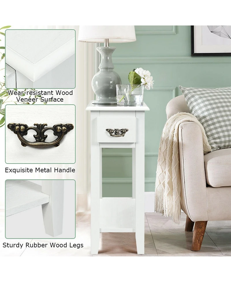 Gymax 2 Tier End Bedside Sofa Side Table Narrow Nightstand w/Drawer &Shelf