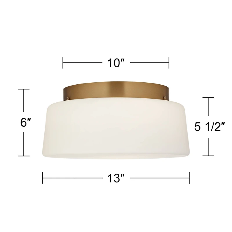 Buckley 13" Modern Flush-Mount Ceiling Light Fixture Kitchen Foyer Hallway Drum Round Warm Brass Finish White Glass Metal Bedroom Bathroom Entryw