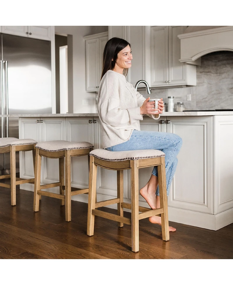 Maven Lane Adrien Backless Saddle Kitchen Stool, Natural Wood Finish, Set of 4