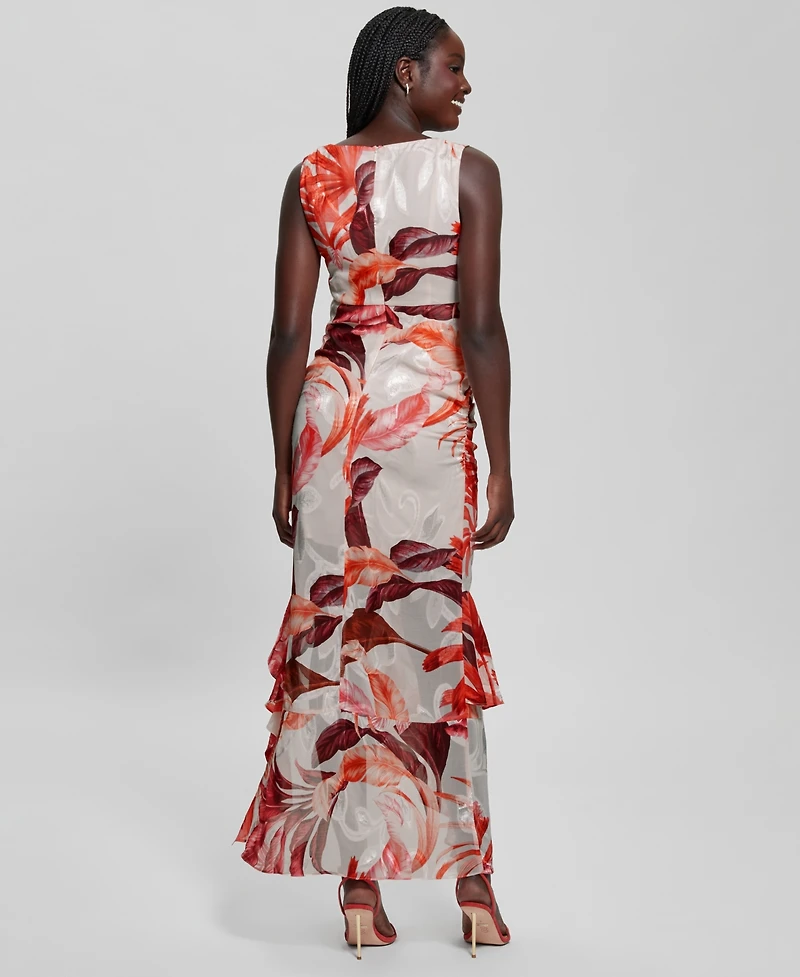 Guess Women's Ava Printed Mesh Ruffled Maxi Dress