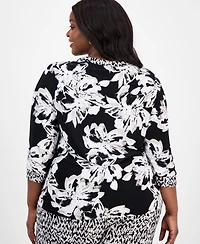Kasper Plus Size Printed 3/4-Sleeve Twist-Neck Blouse