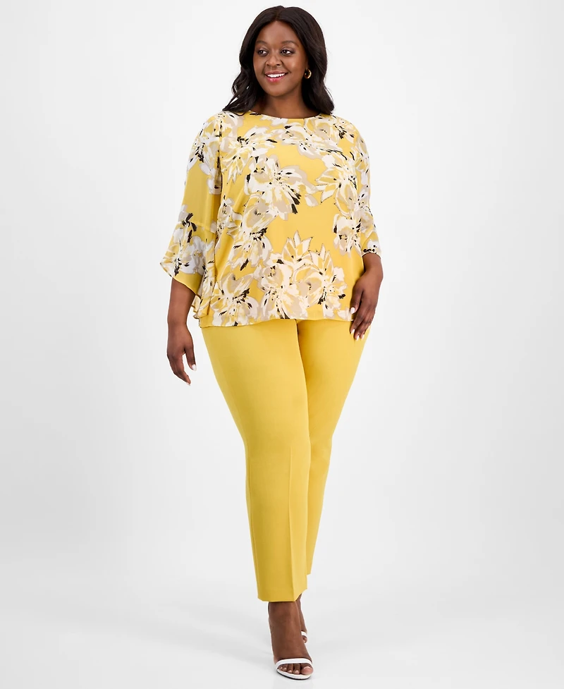 Kasper Plus Size Printed Ruffle-Sleeve Blouse