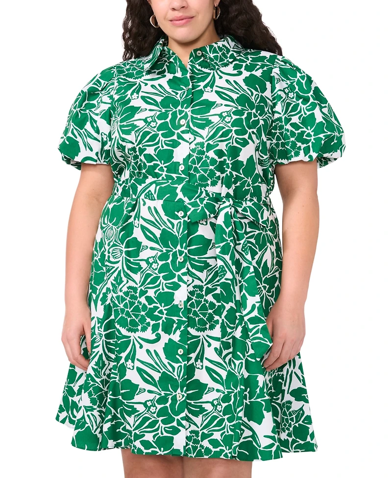 Msk Plus Printed Cotton Puff-Sleeve Belted Shirtdress