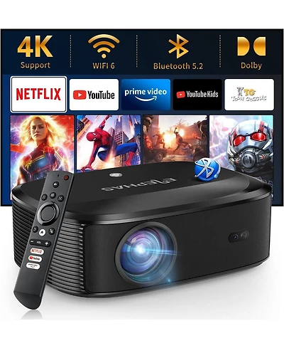 Elephas 4K Projector with Wifi and Bluetooth, Elephas Outdoor Movie Projector with Netflix/Prime Video/YouTube Built-in, 100,000+ Apps Supported, Vide