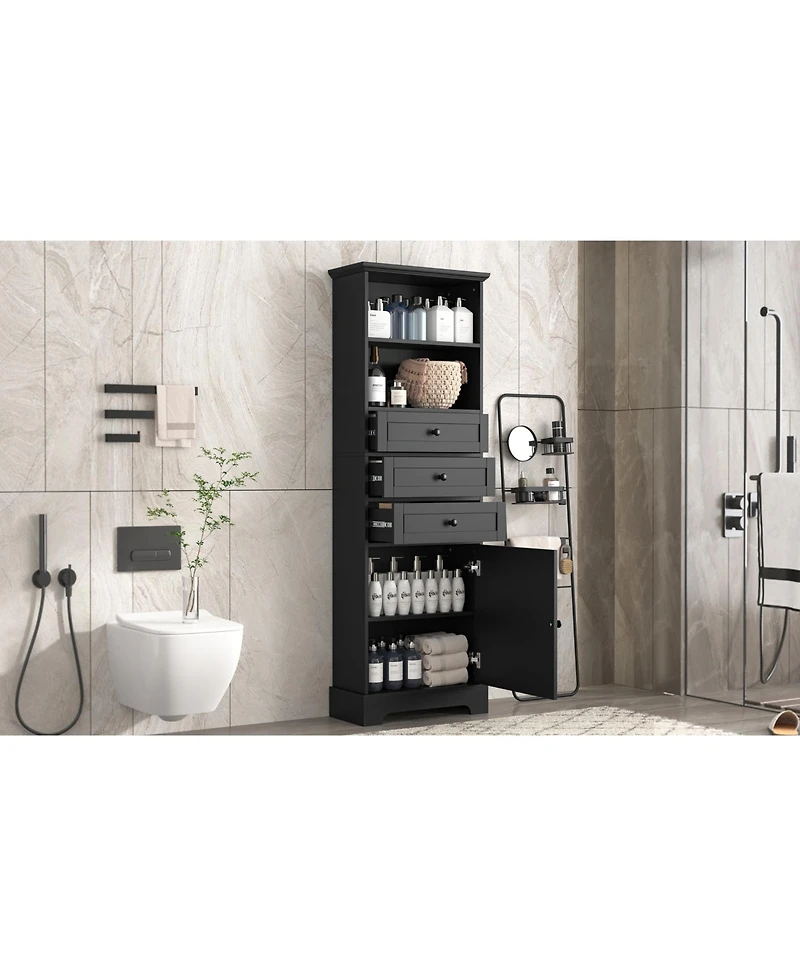 Tall Black Storage Cabinet with 3 Drawers and Shelves for Home