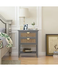 2 Drawer Nightstand Bedside Table with Rattan Drawers Side Table End Table with Storage Small Nightstand with Open Shelf for Bedroom, Blue