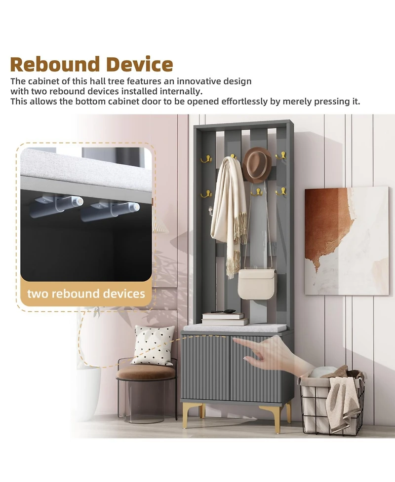 Streamdale Modern Hall Tree with Cushion, 8 Gold Hooks, Bench, Adjustable Shelves, 23.6"70.8