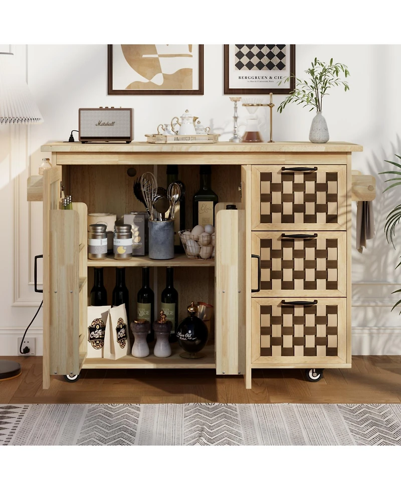 Streamdale 3D Woven Kitchen Island with Drop Leaf and Storage