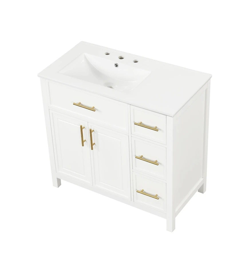 Streamdale 36" White Bathroom Vanity with Solid Wood and Mdf Cabinet, Sink Top, 2 Doors, 3 Drawers