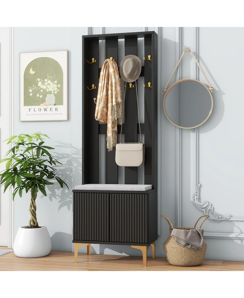 Streamdale 4-in-1 Hall Tree with Fluted Doors and Gold Accents
