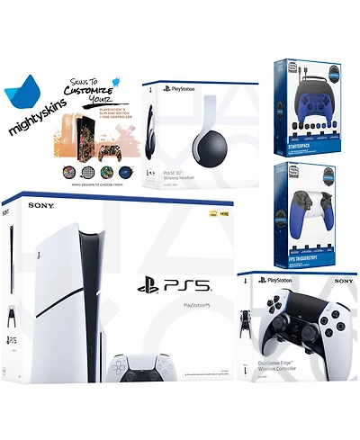 Sony Playstation 5 Slim Disc Bundle with White Pulse Headset, Extra Edge Controller, Pro Gamer Kit, Trigger Kit and MightySkins Decal Voucher