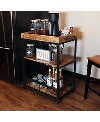 3 Tier Rustic Industrial Style Rolling Indoor Bar Cart with Wine Bottle and Stemware Rack