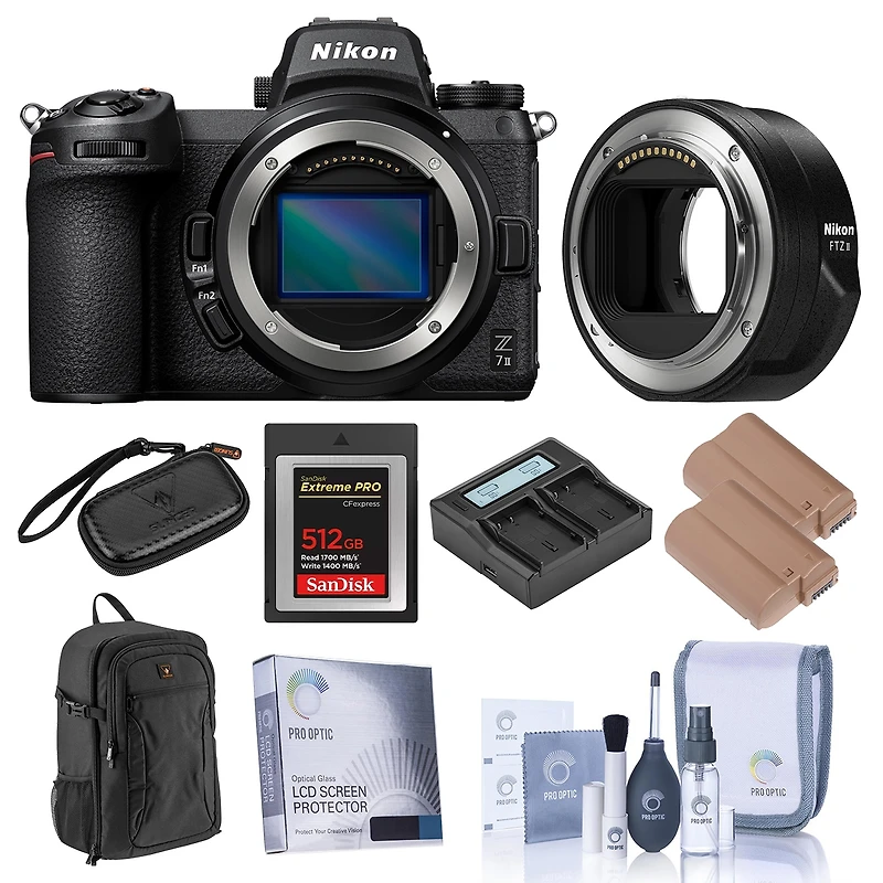 Nikon Z 7II Mirrorless Digital Camera, Bundle with Nikon Ftz Ii Mount Adapter, 512GB Cfexpress Card, 2x Extra Battery, Dual Charger, Backpack, Screen