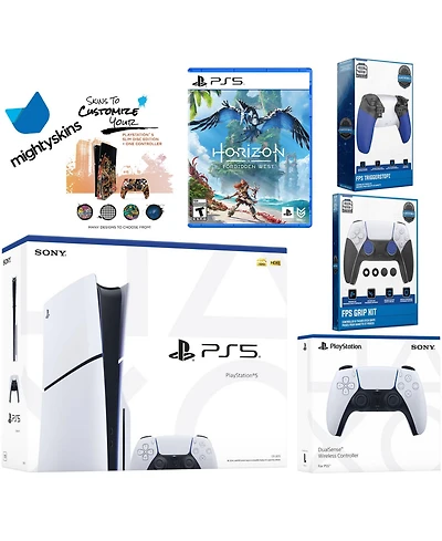 Sony Playstation 5 Slim Disc Bundle with Horizon Forbidden West, Extra Controller, Trigger Stop Kit, Fps Grip Kit and MightySkins Decal Voucher