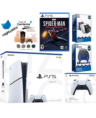Sony Playstation 5 Slim Disc Bundle with Spider-Man: Miles Morales, Extra Controller, Pro Gamer Kit, Dual Charge Dock and MightySkins Decal Voucher