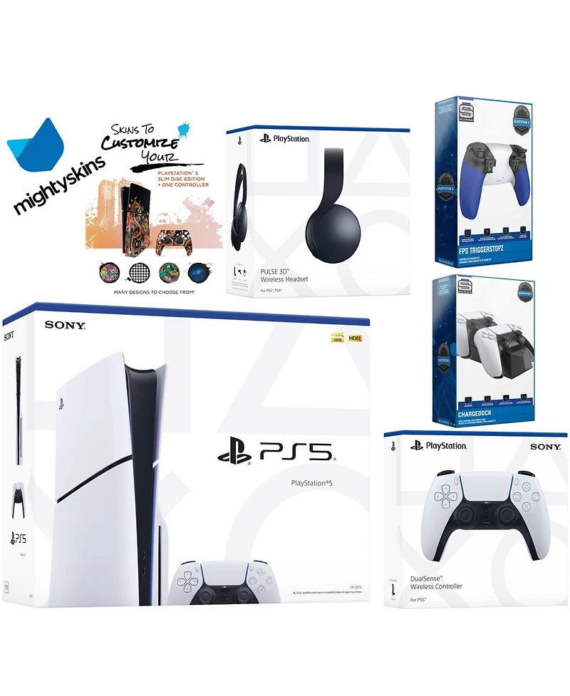 Sony Playstation 5 Slim Disc Bundle with Black Pulse Headset, Extra White Controller, Trigger Stop Kit, Dual Charge Dock and MightySkins Decal Voucher