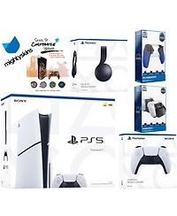 Sony Playstation 5 Slim Disc Bundle with Black Pulse Headset, Extra White Controller, Trigger Stop Kit, Dual Charge Dock and MightySkins Decal Voucher