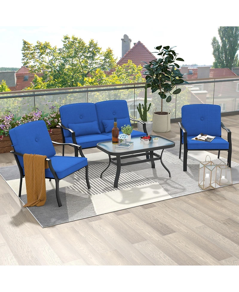 4 Pieces Outdoor Conversation Set with Seat Back Cushions and Waist Pillows