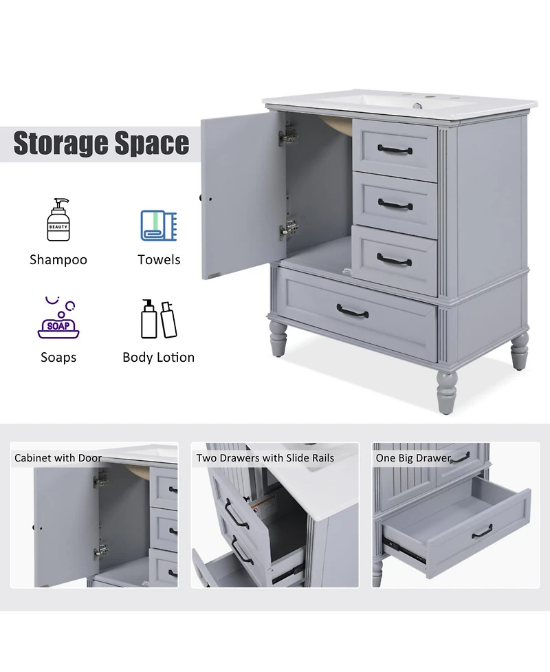 Streamdale 30" Grey Bathroom Vanity Cabinet with Sink and Storage