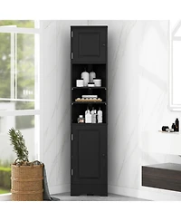 Multi-Functional Corner Cabinet Tall Bathroom Storage Cabinet with Two Doors and Adjustable Shelves, Open Shelf, Black