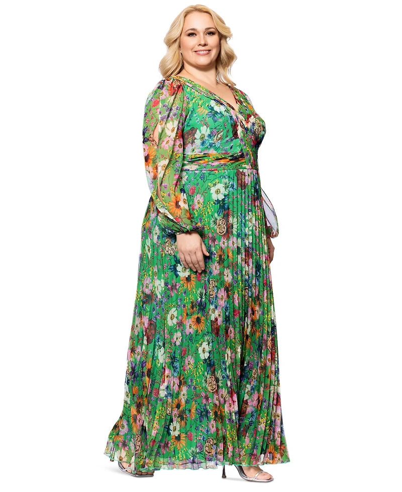 Betsy & Adam Plus Printed Pleated Long-Sleeve Gown