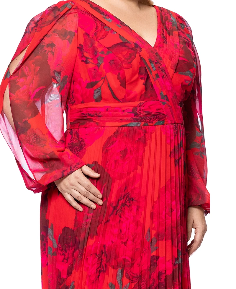 Betsy & Adam Plus Size Printed Pleated Long-Sleeve Gown