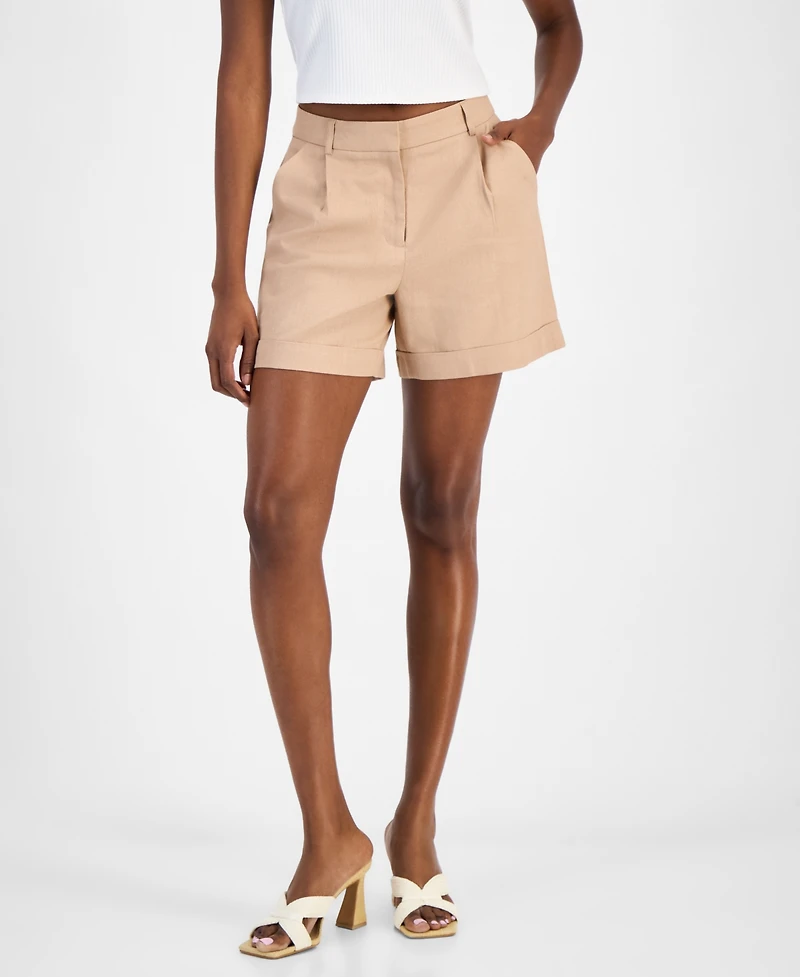 Bar Iii Women's Cuffed Linen-Blend Pleat-Front Shorts, Exclusively at Macy's