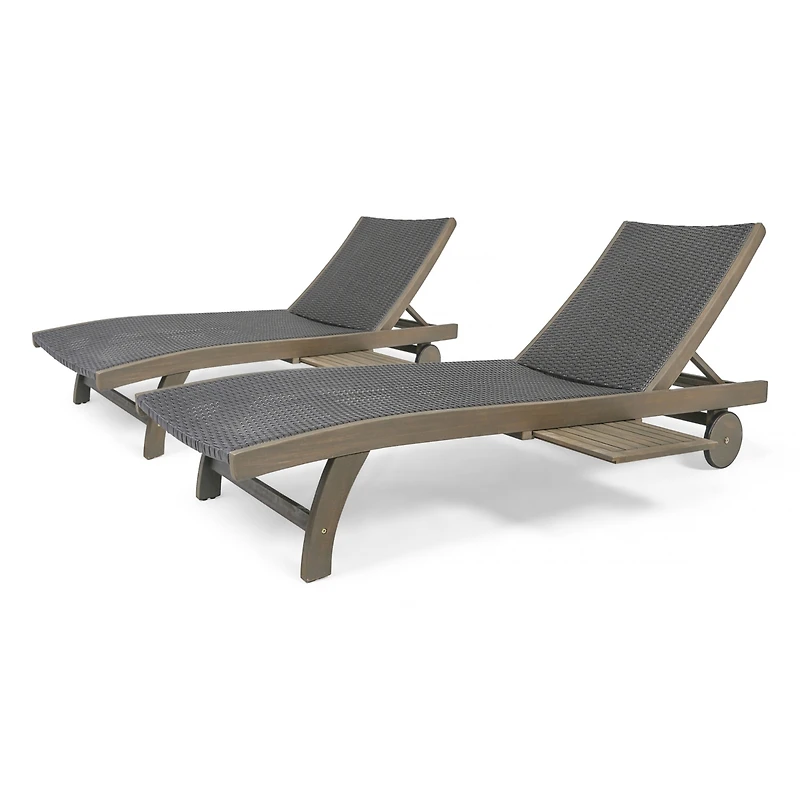 Streamdale Acacia Wood Chaise Lounges with Wicker Seats and Side Trays