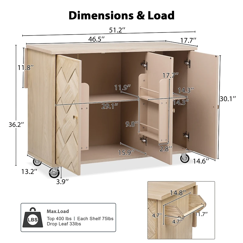 Streamdale 51" Solid Wood Handwoven Kitchen Island on Wheels
