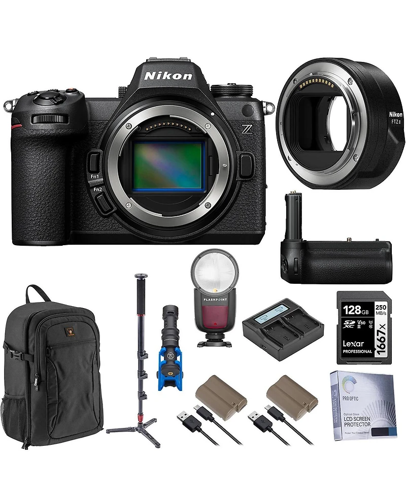Nikon Z6III Mirrorless Camera with Ftz II Mount Adapter, Bundle with Flash Speedlight, 128GB Memory Card, Battery Grip, 2x Battery Pack, Monopod, Mic,