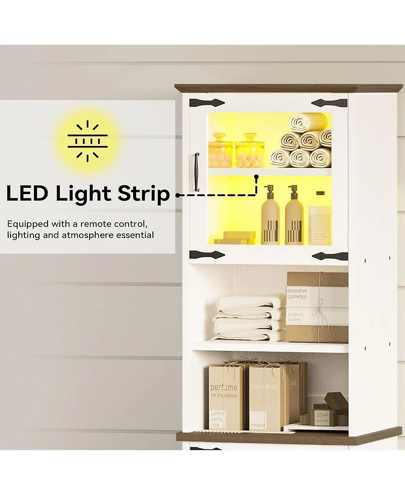 Tall Bathroom Cabinet, Farmhouse Storage Cabinet with Led Lights and Adjustable Shelves