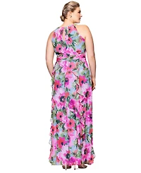 Xscape Plus Printed A-Line Ruffle-Skirt Dress