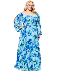 Xscape Plus Printed Off-The-Shoulder Pleated Dress