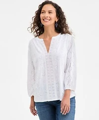 Style Co Womens Split Neck Eyelet Embroidered Top Exclusively At Macys