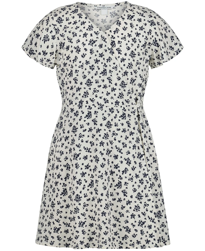 Calvin Klein Big Girls Scratchy Floral Wrap Short Sleeve Dress