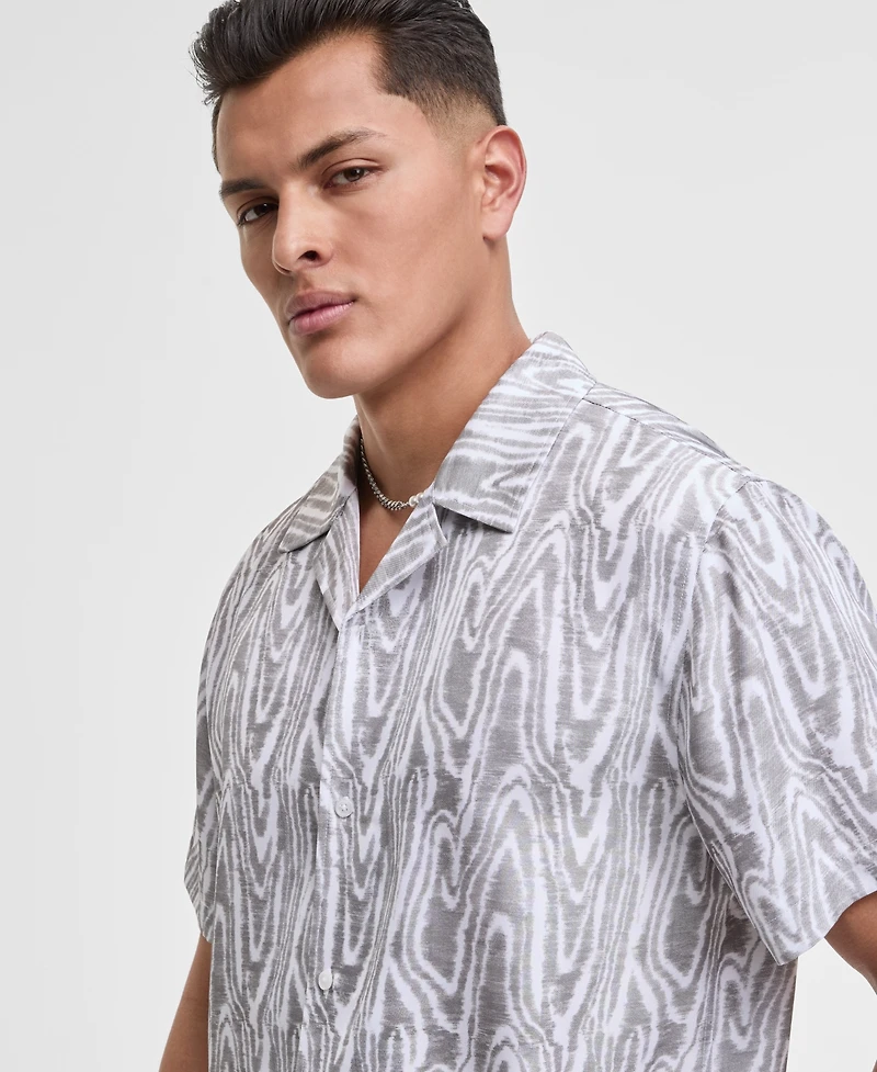 Mode of One Men's Woodgrain Relaxed-Fit Printed Button-Down Shiny Twill Camp Shirt, Exclusively at Macy's