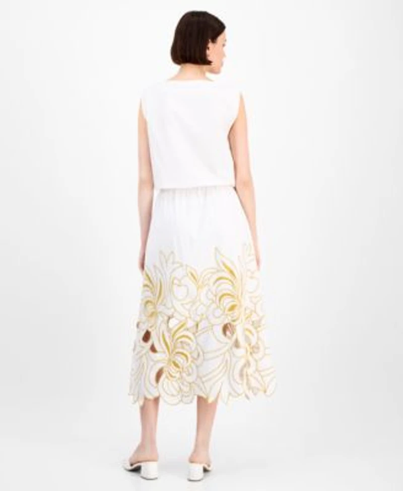 Avec Les Filles Womens Sleeveless Embroidered Drawstring Hem Top Embroidered Midi Skirt