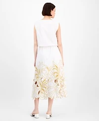 Avec Les Filles Womens Sleeveless Embroidered Drawstring Hem Top Embroidered Midi Skirt