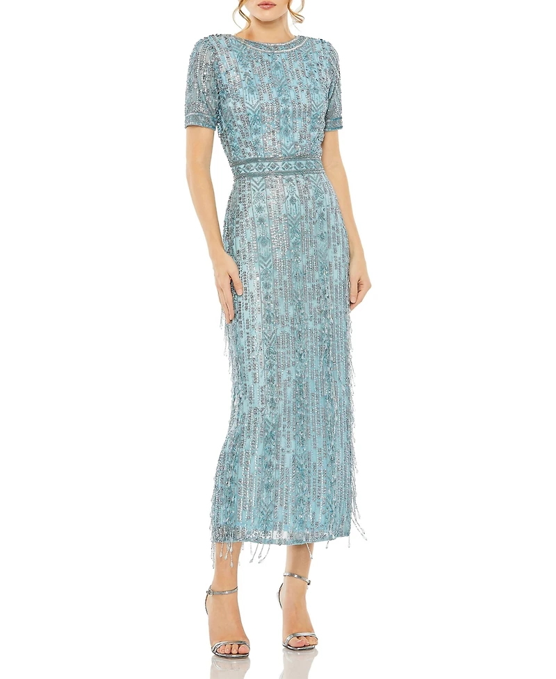 Mac Duggal Women's High Neck Short Sleeve Crystal Fringe Column Dress
