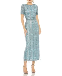 Mac Duggal Women's High Neck Short Sleeve Crystal Fringe Column Dress
