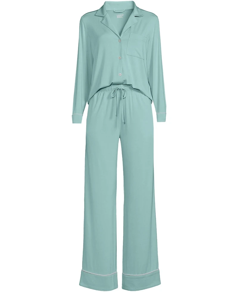 Lands' End Women's Cooling 2 Piece Pajama Set - Long Sleeve Top and Pants