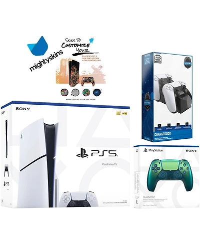 Sony PlayStation 5 Slim Disc with Extra Cosmic Red Controller, Dual Charging Dock and MightySkins Decal Voucher